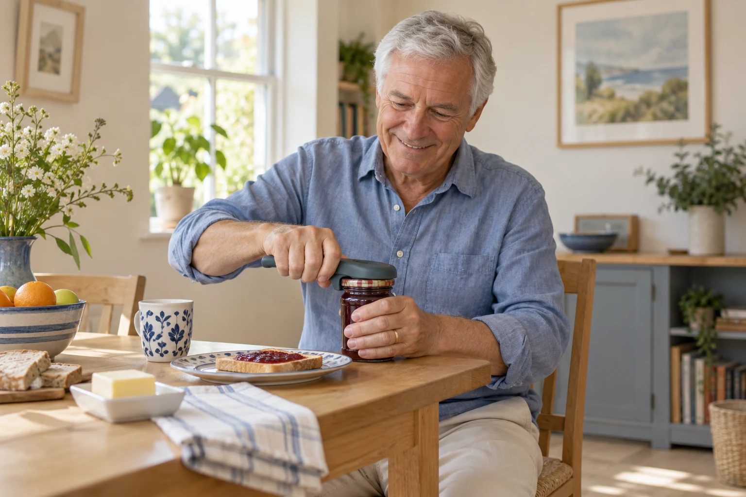 A man using a jar opener at his kitchen table