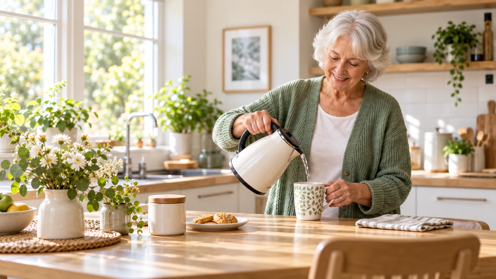 An older woman enjoying a cup of tea in her kitchen