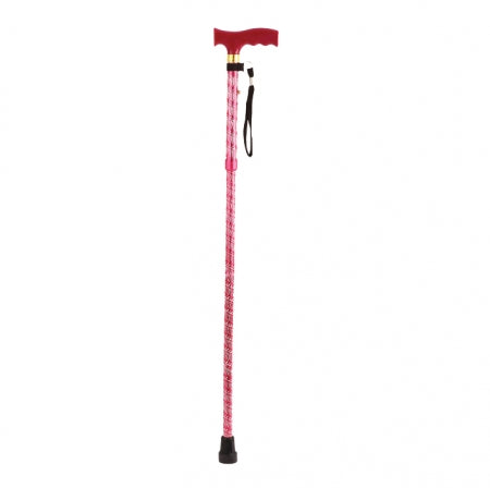 Extendable Plastic Handled Walking Stick With Engraved Pattern In Red